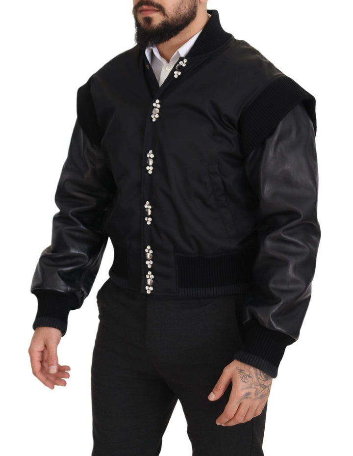 Elegant black bomber jacket with crystal embellishments