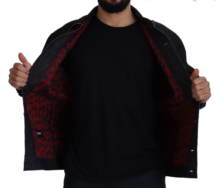 Schwarze Baumwoll-Denimjacke mit Knopfleiste