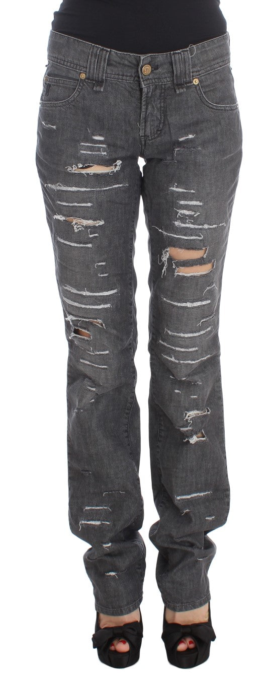 Graue Baumwollwaschung Zerrissene Straight Fit Jeans