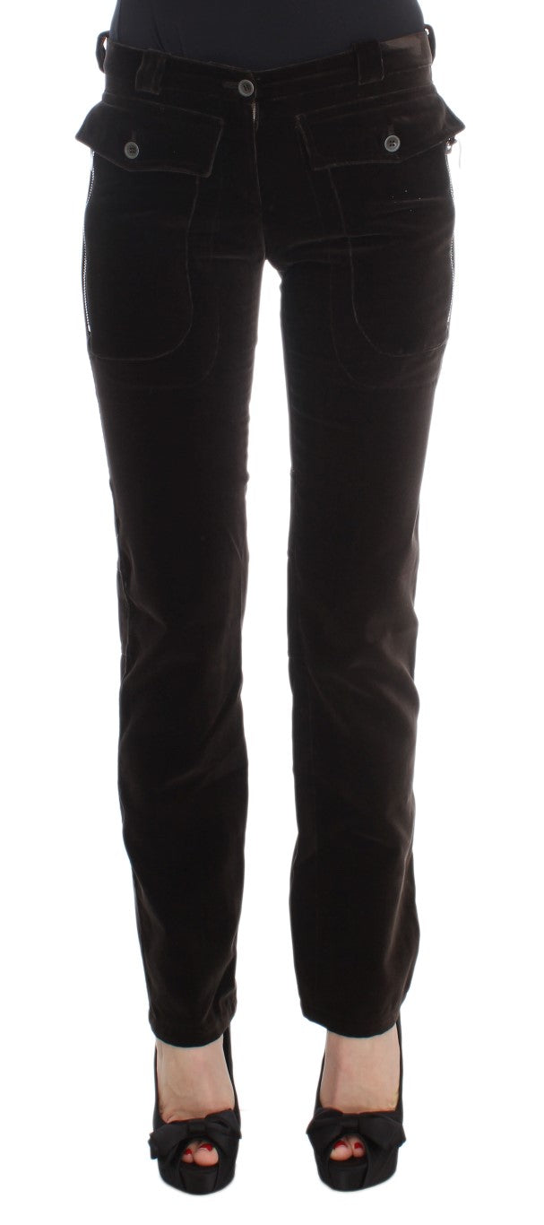 Braune Baumwolle Samt Reißverschlüsse Slim Fit Hose