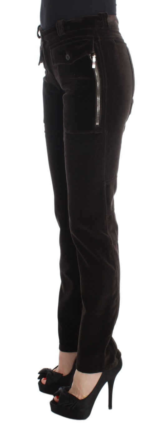 Braune Baumwolle Samt Reißverschlüsse Slim Fit Hose