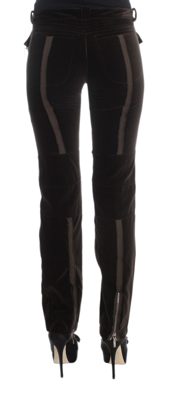 Braune Baumwolle Samt Reißverschlüsse Slim Fit Hose