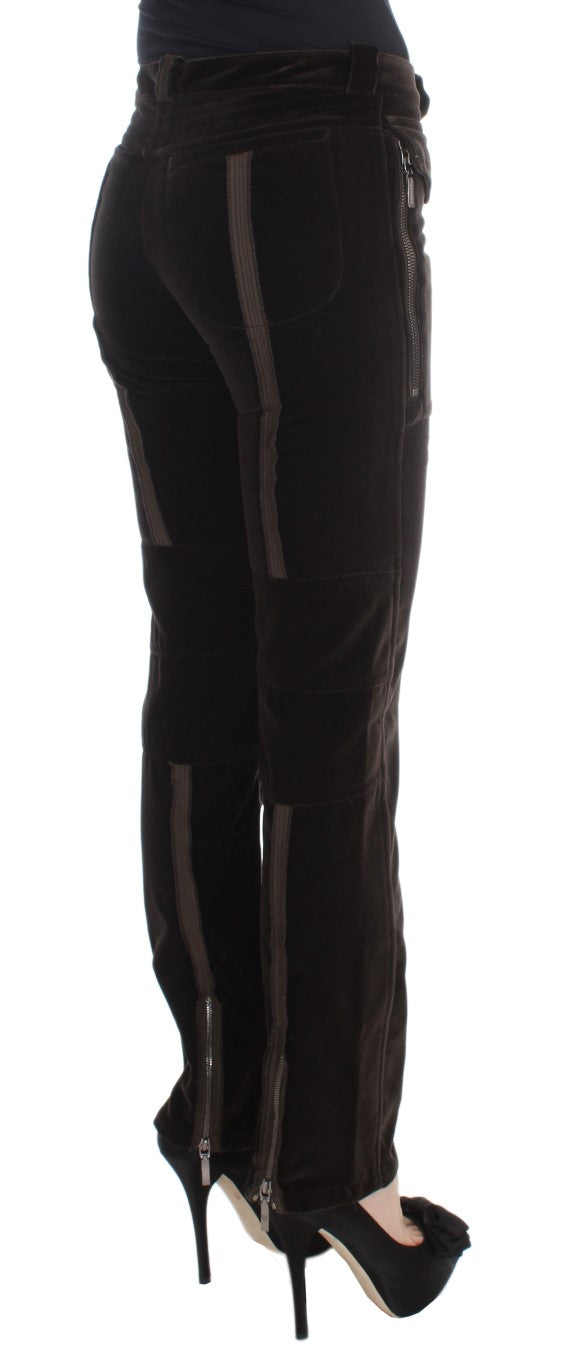 Braune Baumwolle Samt Reißverschlüsse Slim Fit Hose