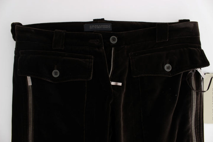 Braune Baumwolle Samt Reißverschlüsse Slim Fit Hose