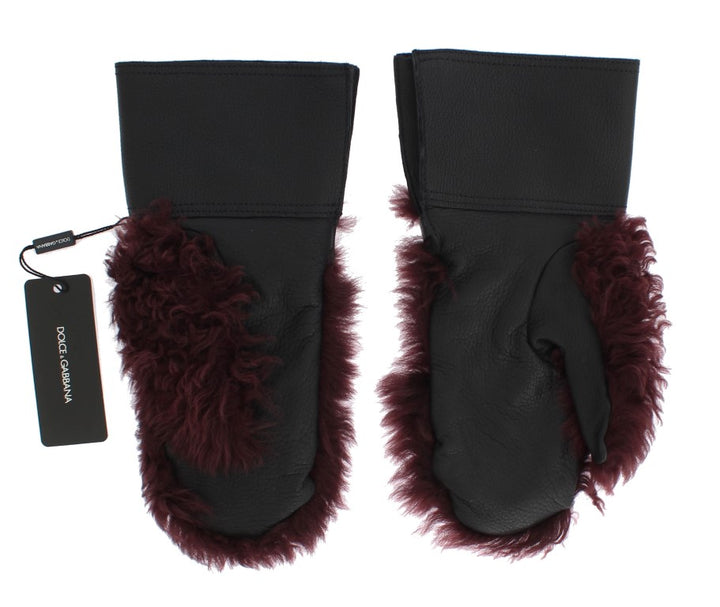 Schwarz Leder Bordeaux Shearling Handschuhe