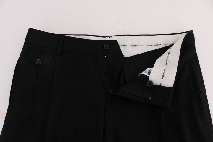 Schwarz gestreifte Woll-Stretch-Hose