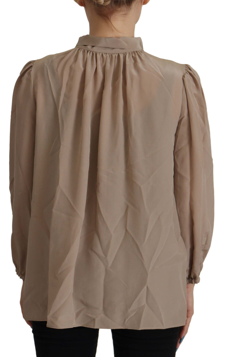 Braunes Taillenband Ärmel Ascot Kragen Top Bluse