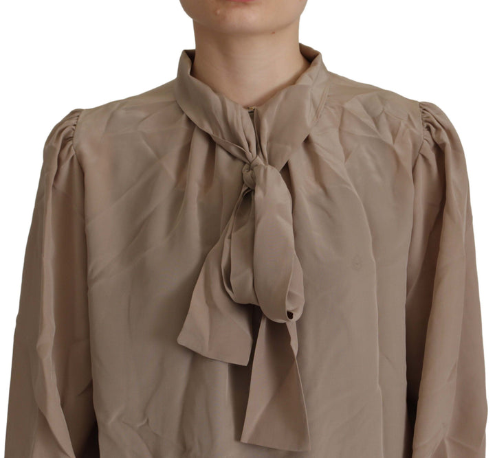 Braunes Taillenband Ärmel Ascot Kragen Top Bluse