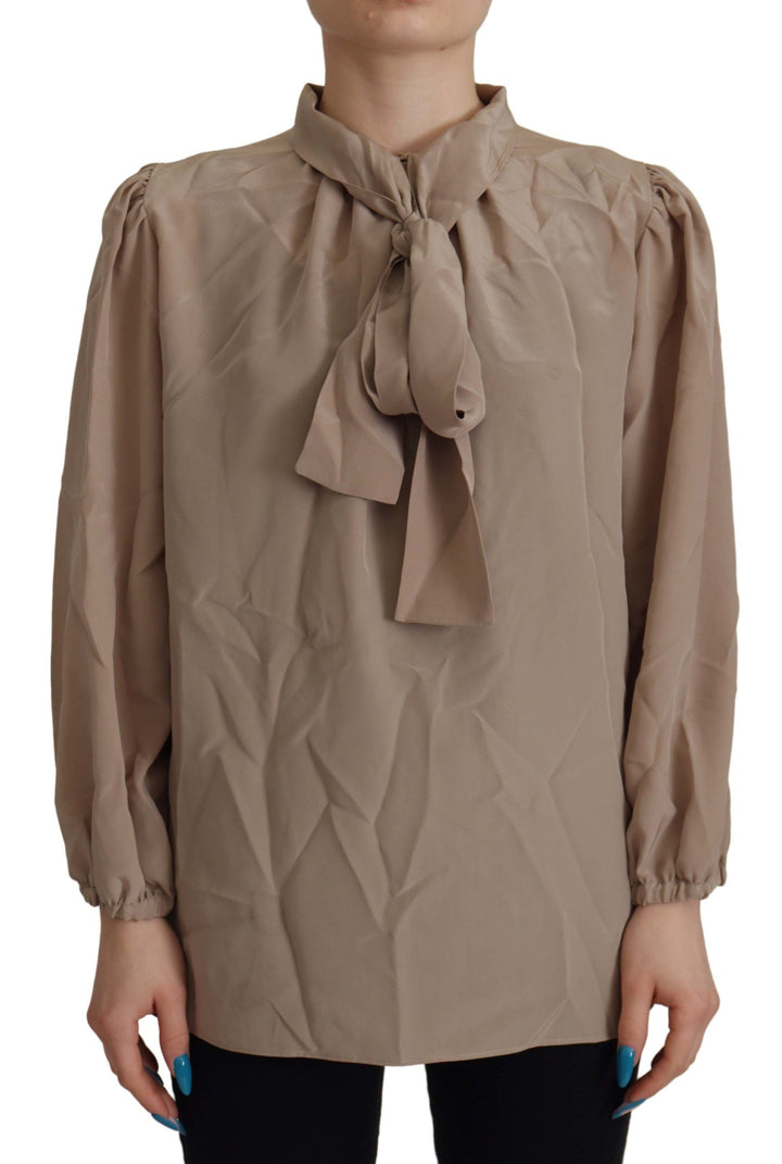 Braunes Taillenband Ärmel Ascot Kragen Top Bluse