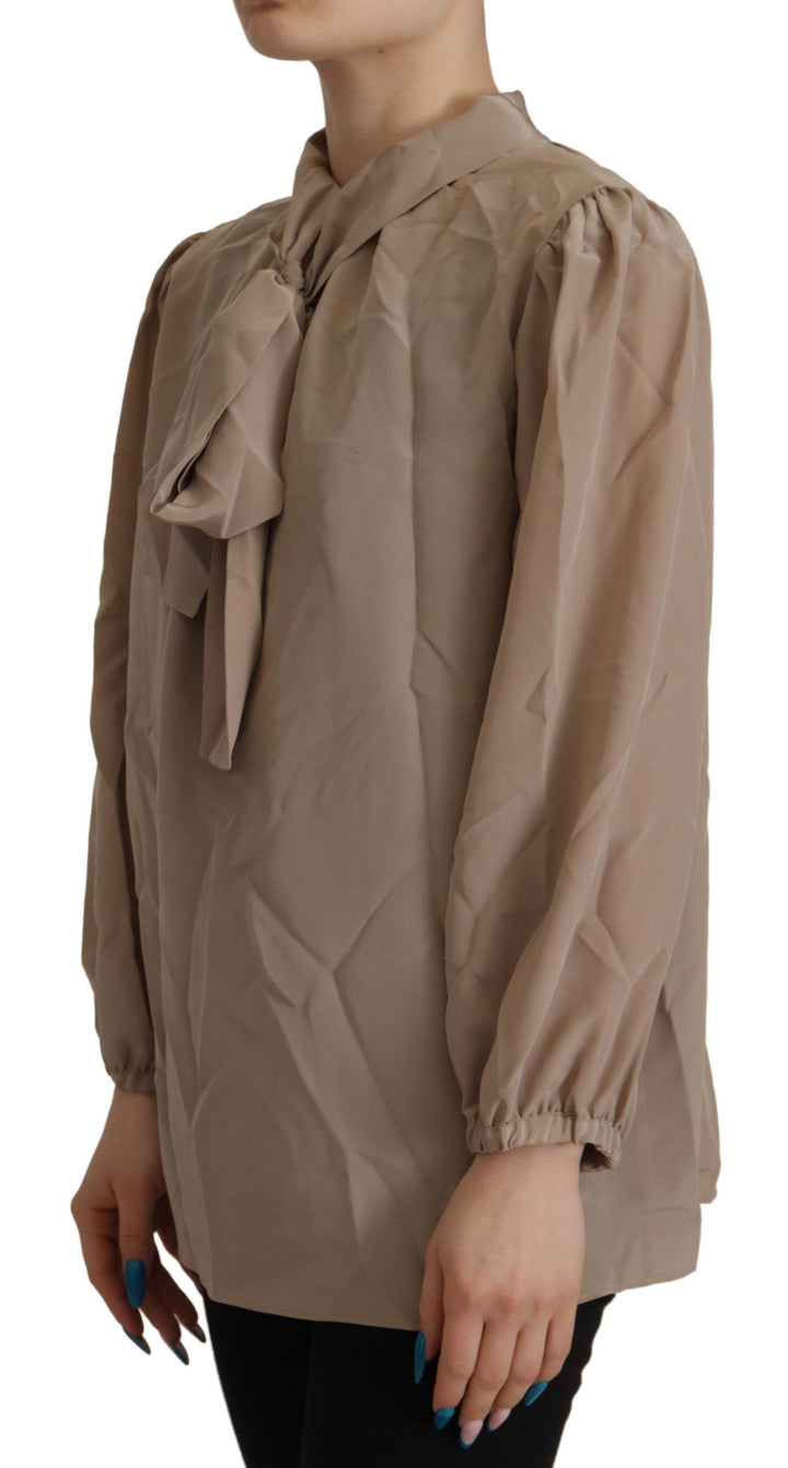Braunes Taillenband Ärmel Ascot Kragen Top Bluse