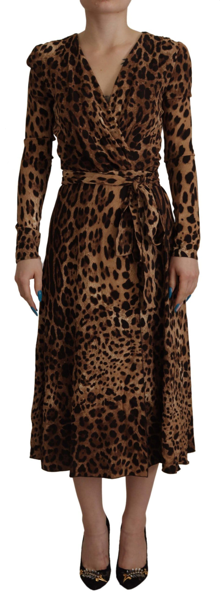 Braunes Leoparden Wickelkleid in A-Linie Maxi Viskose