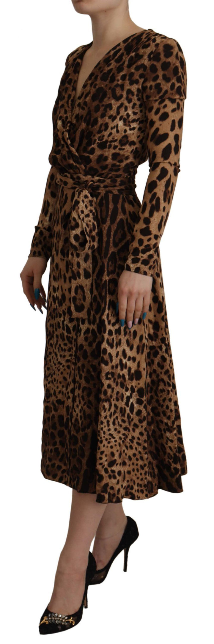 Braunes Leoparden Wickelkleid in A-Linie Maxi Viskose