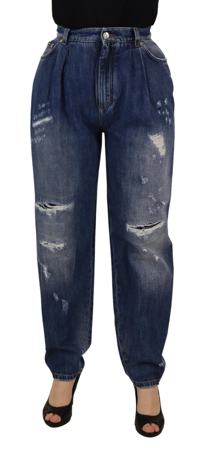 Blau gewaschene Hose mit hoher Taille und lockerer Passform