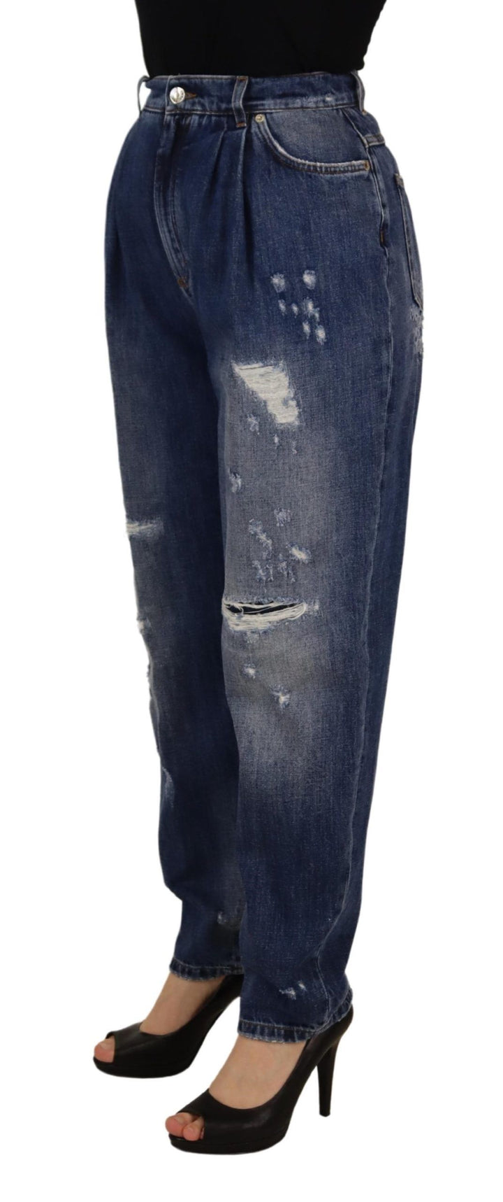 Blau gewaschene Hose mit hoher Taille und lockerer Passform