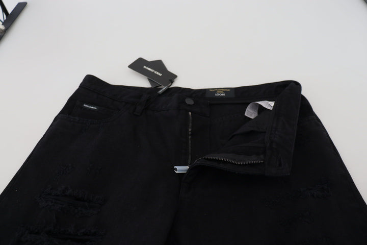 Schwarze Loose Regular Zerrissene Baumwolljeans