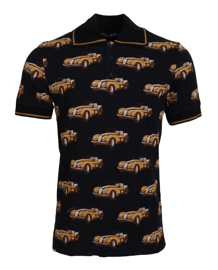 Elegant polo shirt with car print in black