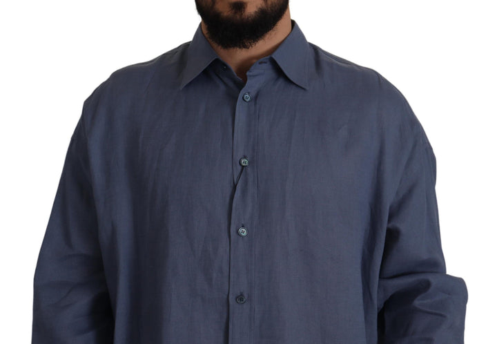 Dunkelblau Leinen Slim Fit Kleid Formales Herrenhemd