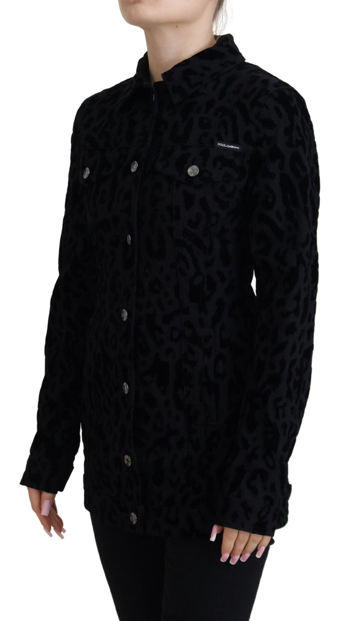 Schwarze Leoparden-Langarm-Jacke aus Denim-Baumwolle