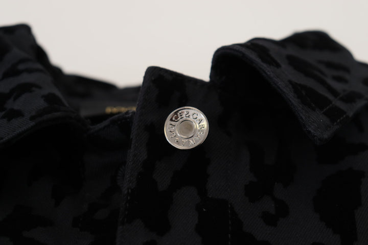 Schwarze Leoparden-Langarm-Jacke aus Denim-Baumwolle