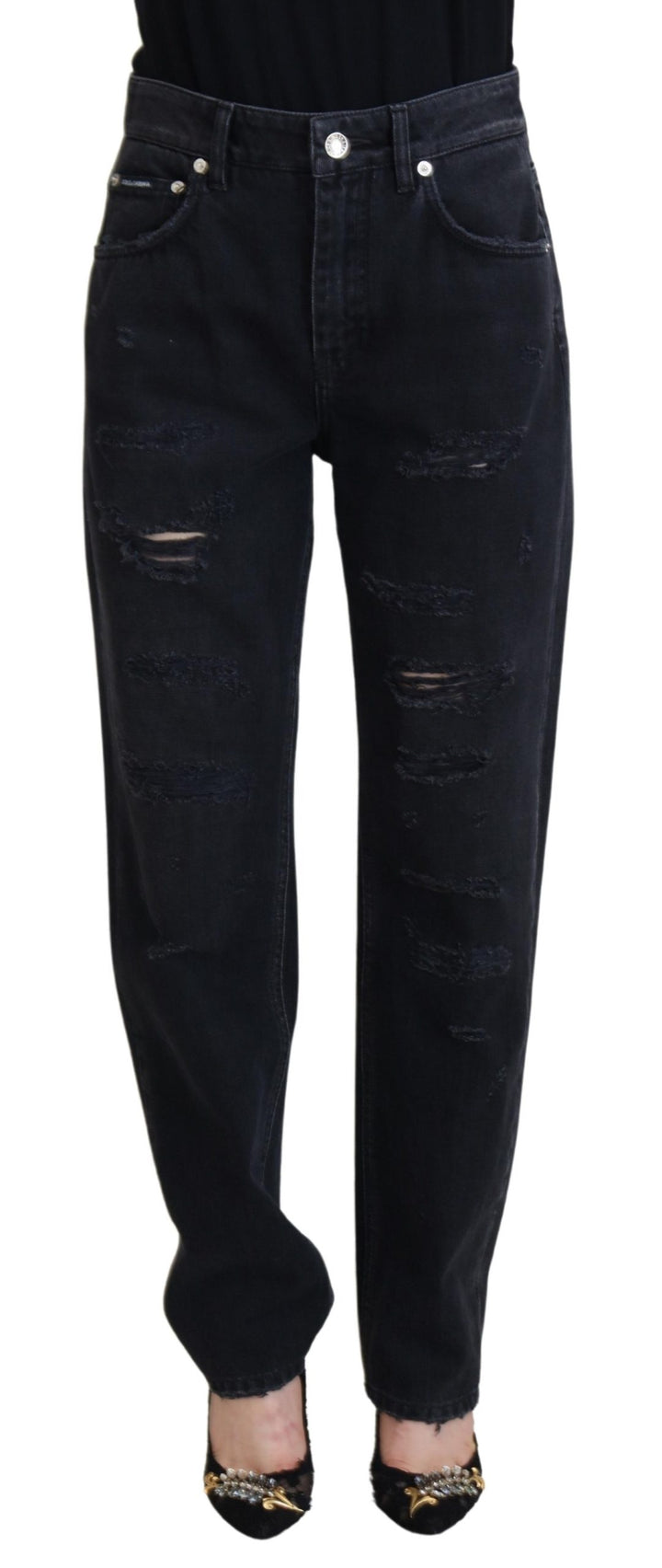Schwarze zerfledderte Denim-Jeans mit hoher Taille aus Baumwolle