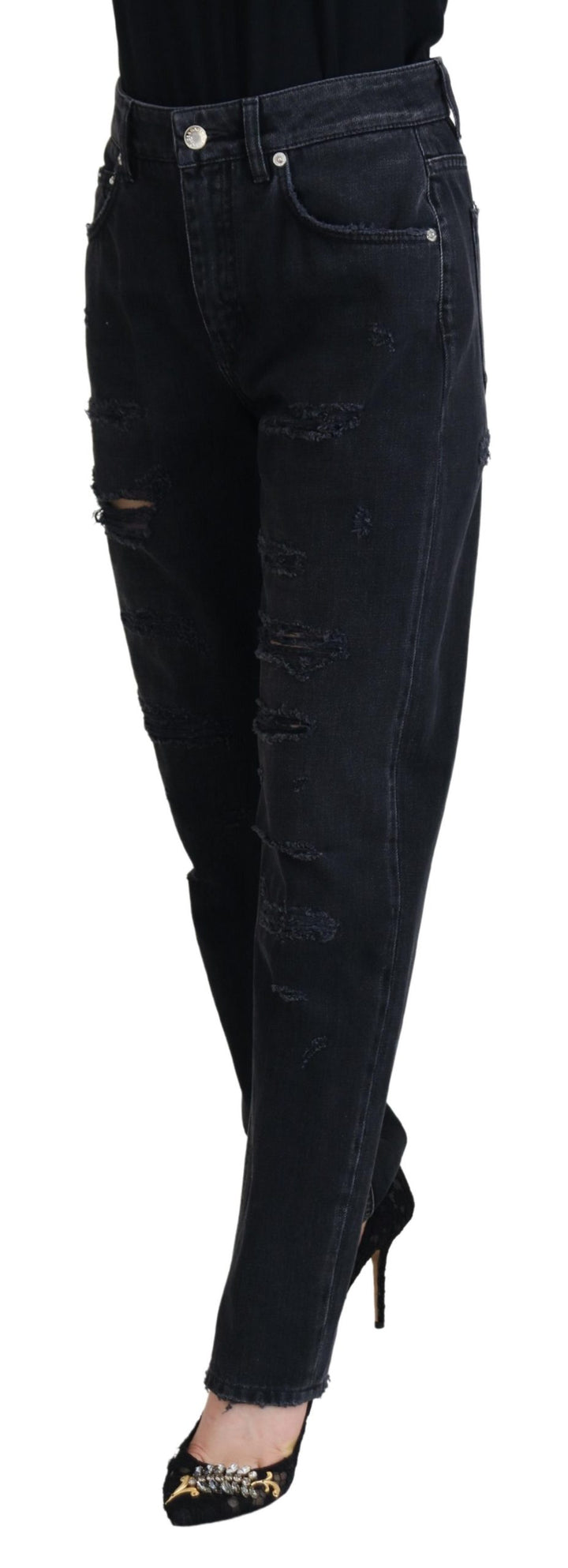 Schwarze zerfledderte Denim-Jeans mit hoher Taille aus Baumwolle