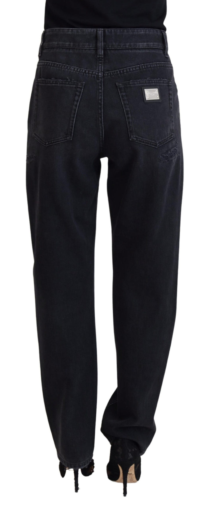 Schwarze zerfledderte Denim-Jeans mit hoher Taille aus Baumwolle