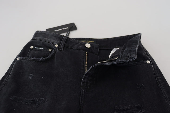 Schwarze zerfledderte Denim-Jeans mit hoher Taille aus Baumwolle