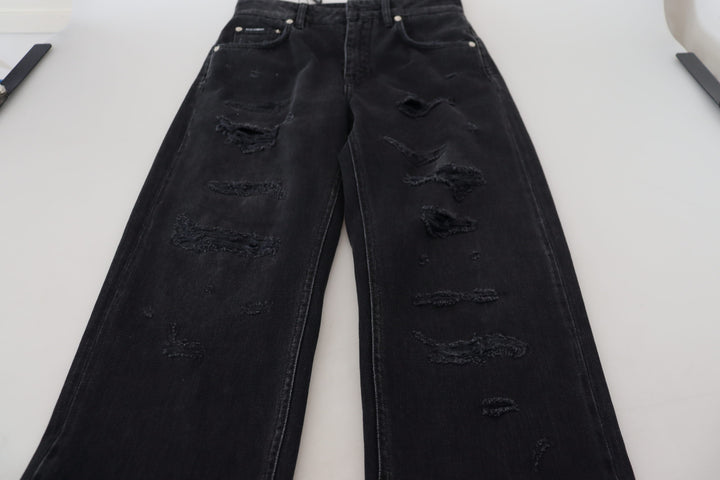 Schwarze zerfledderte Denim-Jeans mit hoher Taille aus Baumwolle