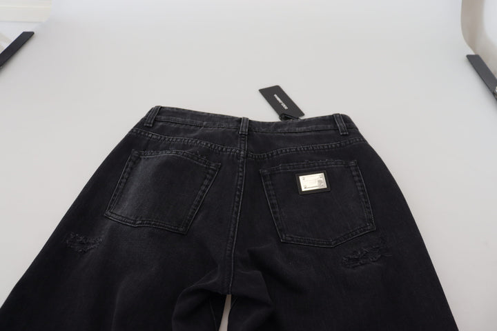 Schwarze zerfledderte Denim-Jeans mit hoher Taille aus Baumwolle