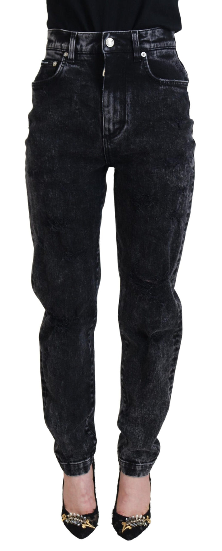 Schwarze Denim-Jeans mit hoher Taille aus gewaschener Baumwolle