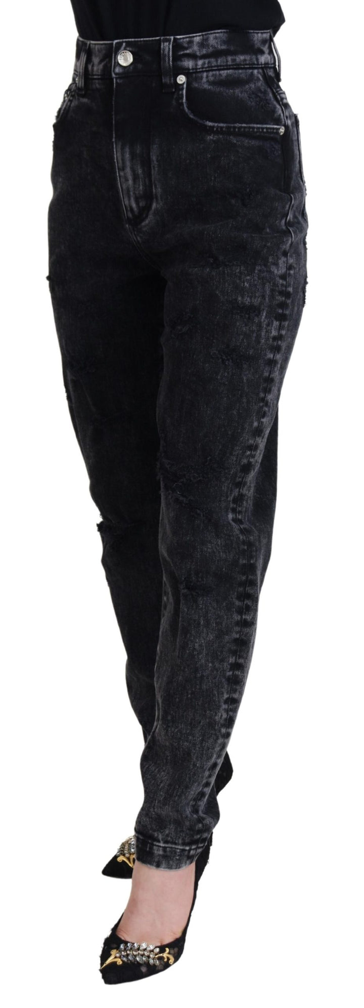 Schwarze Denim-Jeans mit hoher Taille aus gewaschener Baumwolle