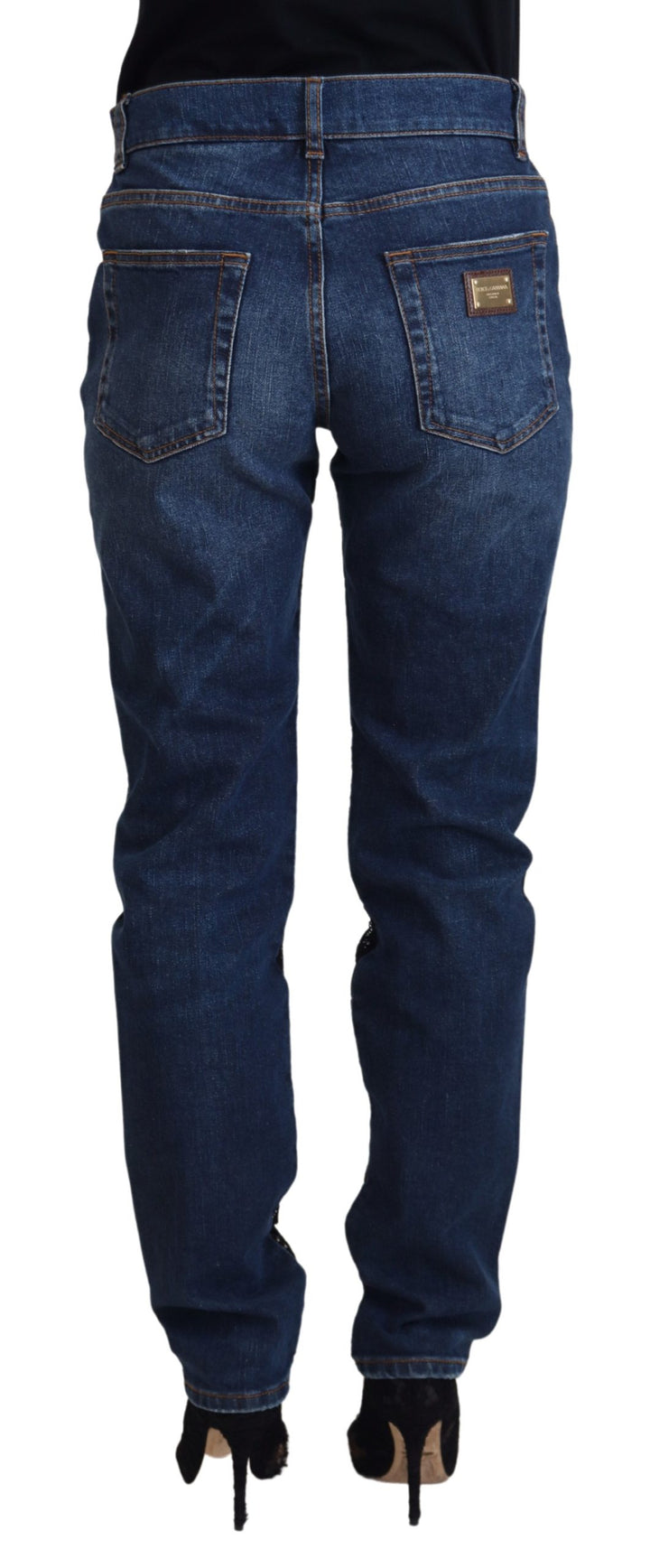 Schwarze florale Skinny Denim Jeans mit Spitze