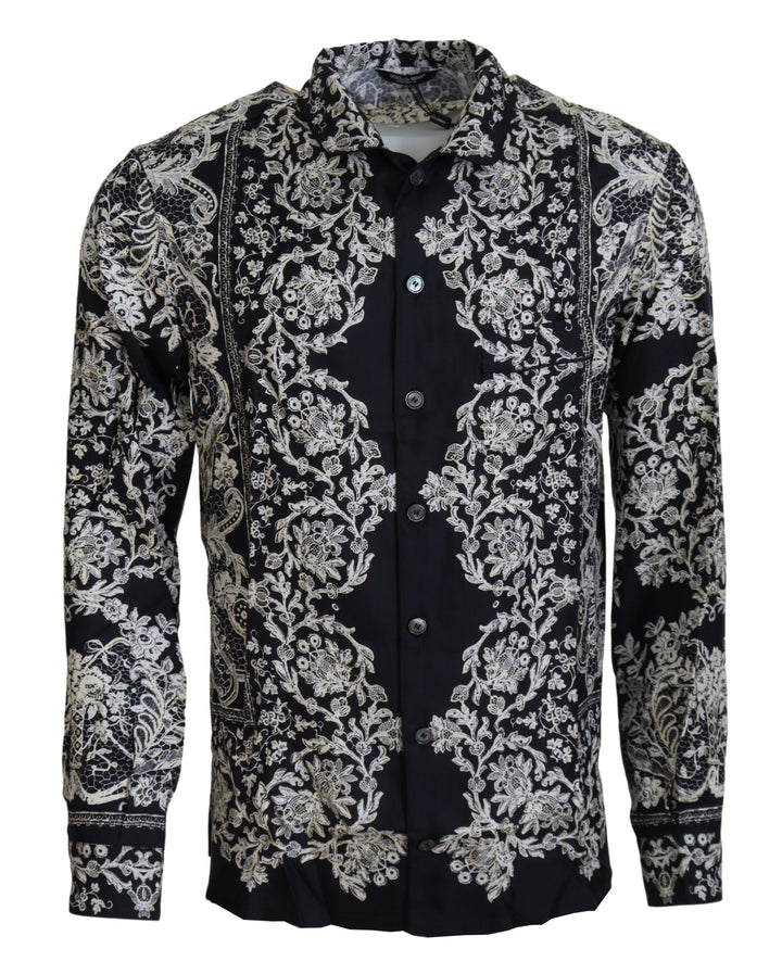 Blaues Seidenblumen Barock Satin Freizeithemd