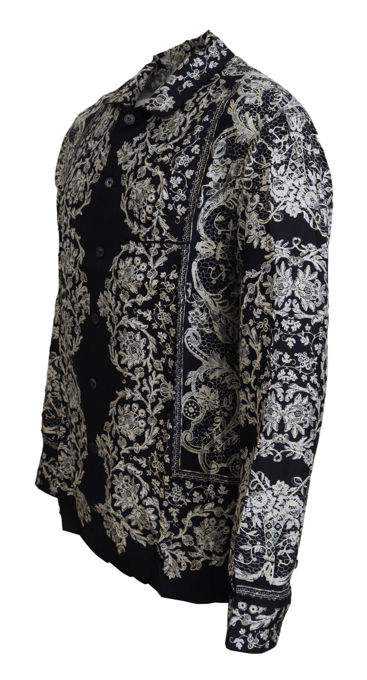 Blaues Seidenblumen Barock Satin Freizeithemd