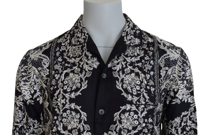 Blaues Seidenblumen Barock Satin Freizeithemd