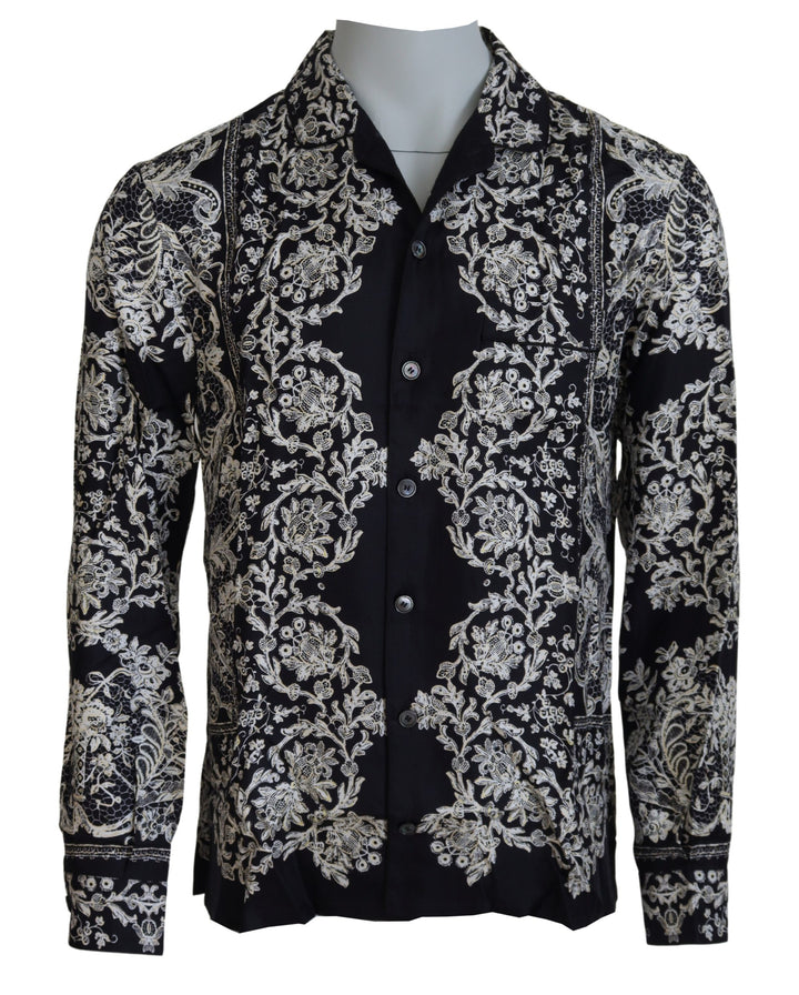 Blaues Seidenblumen Barock Satin Freizeithemd