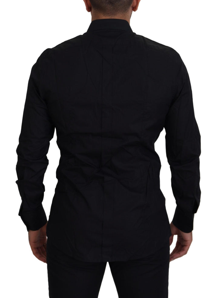 Elegant black slim fit shirt with crown embroidery