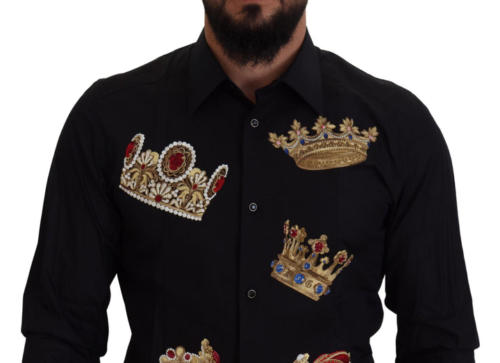 Elegant black slim fit shirt with crown embroidery