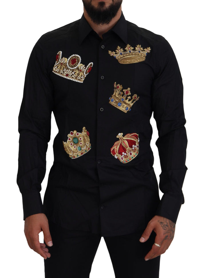 Elegant black slim fit shirt with crown embroidery