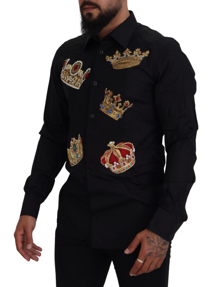 Elegant black slim fit shirt with crown embroidery