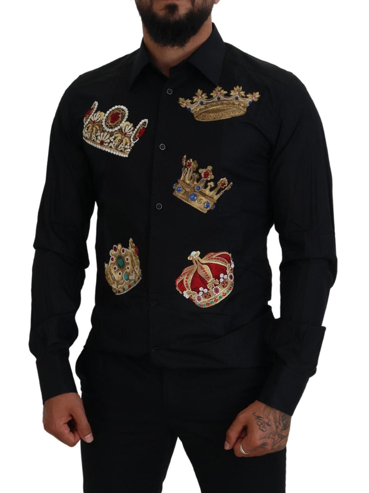 Elegant black slim fit shirt with crown embroidery