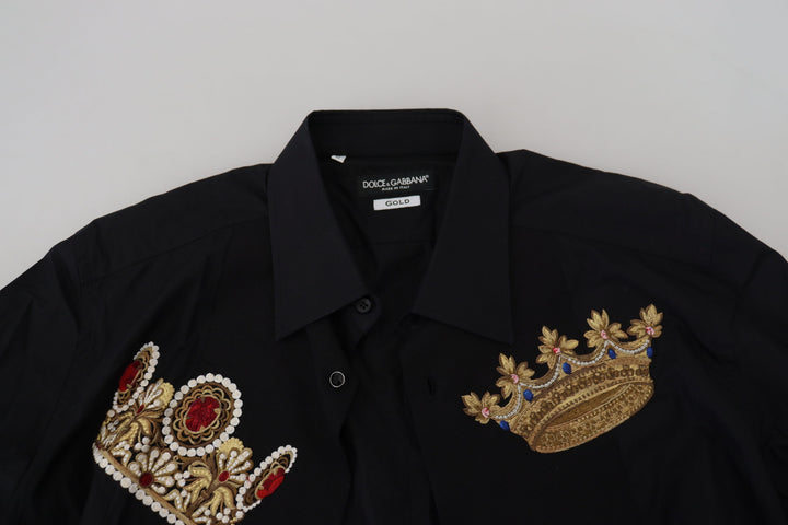 Elegant black slim fit shirt with crown embroidery