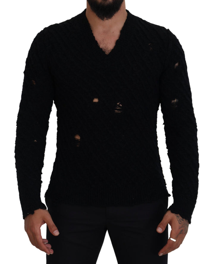 Elegant black V-neck wool blend sweater