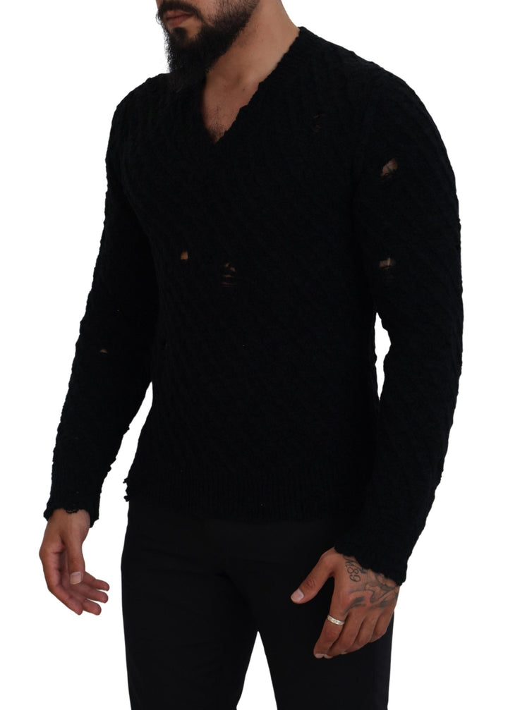 Elegant black V-neck wool blend sweater