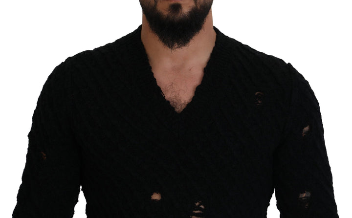 Elegant black V-neck wool blend sweater