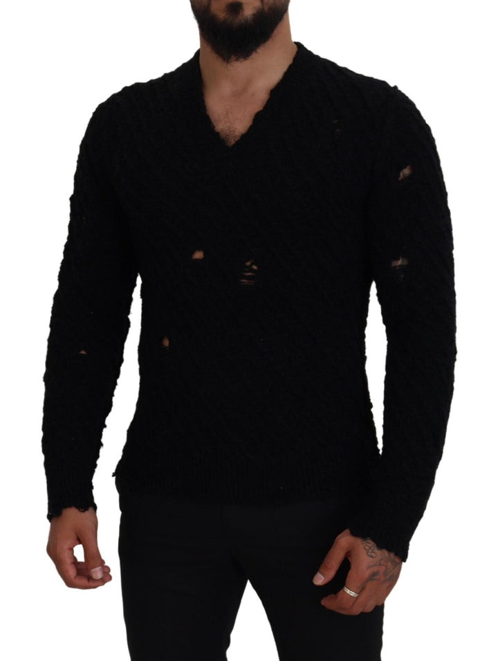 Elegant black V-neck wool blend sweater
