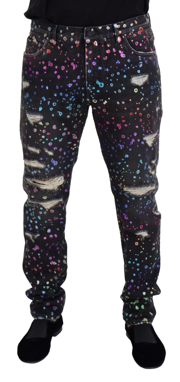 Schwarze Multicolor Print Zerrissene Denim Jeans