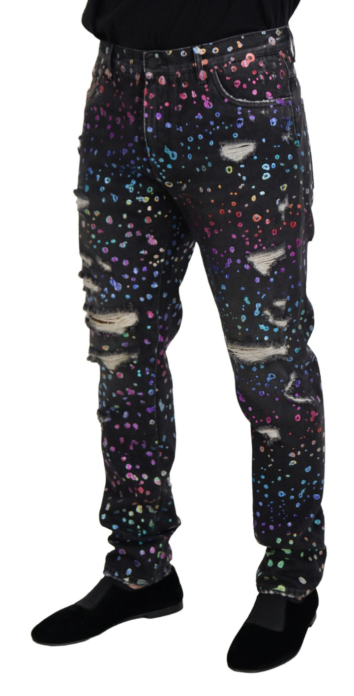 Schwarze Multicolor Print Zerrissene Denim Jeans