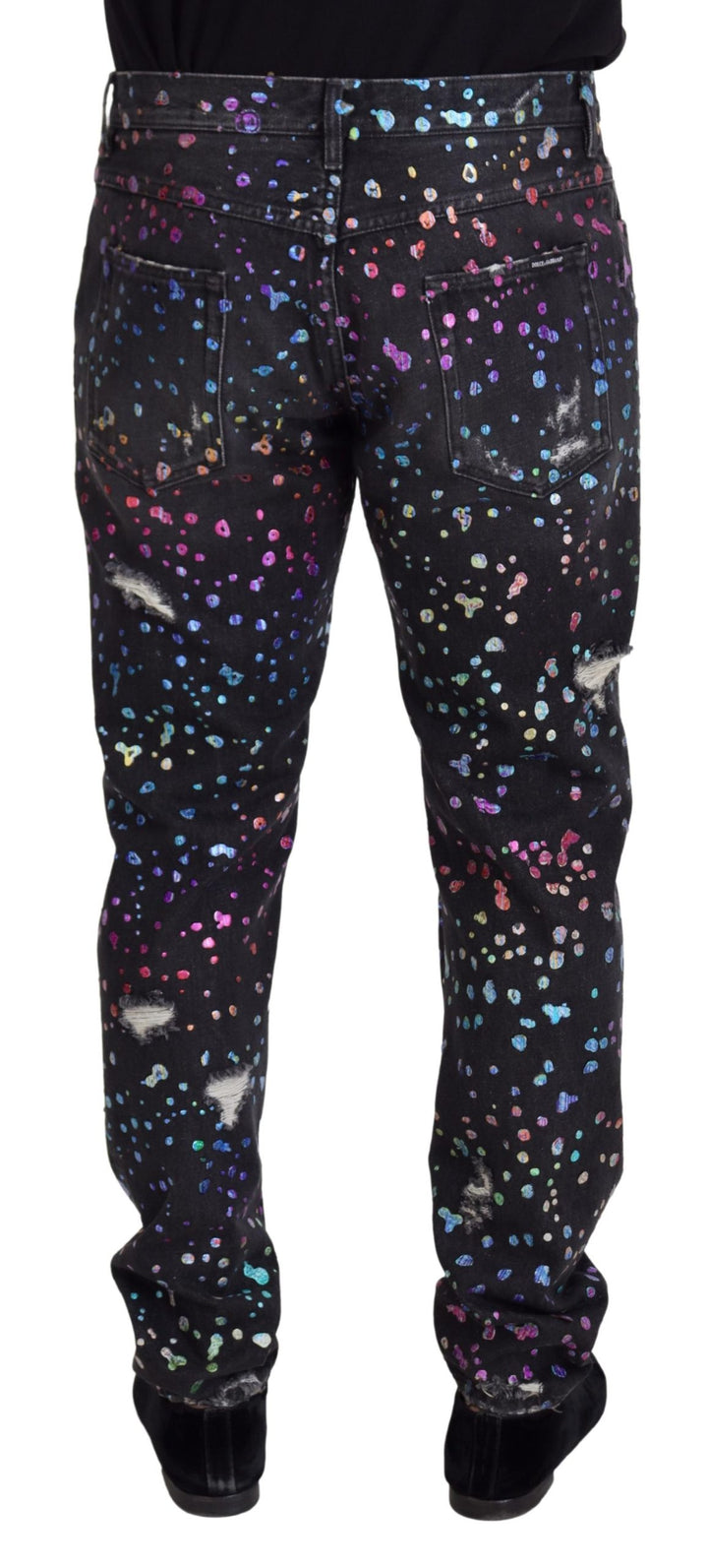 Schwarze Multicolor Print Zerrissene Denim Jeans