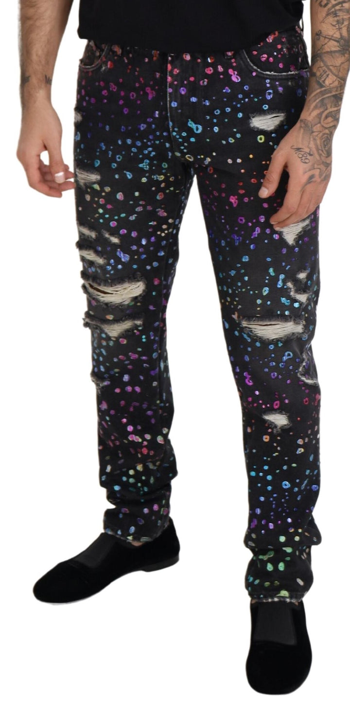 Schwarze Multicolor Print Zerrissene Denim Jeans